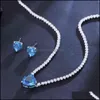 Jóias de colar de pulseira Conjuntos de três gracas de zircônia cúbica moderna Brincos e festas de cubos de azul claro amor e festas para mulheres T0622 DR