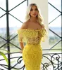 Yellow Sparkly Pearls Beading Prom Dress Off Shoulder Short Sleeve Illusion Mermaid Evening Gowns Sweep Train Special Occasion Dresses