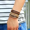 Braccialetti con ciondoli 4 pezzi/set fatti a mano Boho Gypsy Hippie Corda in pelle Cord Perline di legno beige Avvolgi strati regolabili larghi per uomoCharmCharm Kent22