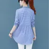 Dames Blouses Shirts Plaid Shirt Blauwe Lange Mouw Vrouwen Mode Top Leuke Casual Gepubliceerde Peplum Belly Design Spring Basic