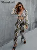 Glamaker Elegant Lantern Sleeve V Neck Chiffon Jumpsuit Women Leopard Print High Taille Wide Leg Romper Summer Bandage Playsuit 220602