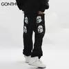 Hip Hop Gotik Denim Pantolon Sokak Giyim Erkek Baskı Grafik Besleme Punk Rock Jeans Harajuku Sıradan Gevşek Jean Pantolon Siyah 220718