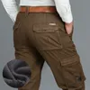 Fleece warme Frachthosen Männer Kleidung 6 Taschen Arbeit gelegentlich Winter Militär Schwarz Khaki Armeehose für männlich 220325