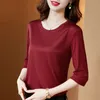 Verão coreano moda seda camisetas para mulheres tops de cetim vintage para mulheres mangas compridas senhora senhora camisas 220408