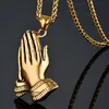 Hänghalsband Herrens rostfritt stål Jesus bönhalsband Guldfärg Hiphop Praying Hands 2-användarkedja 20 "26" Colgantepe