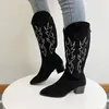 Kvinnor Western Cowboy Boots spetsade kvinnors skor Tryck på mitten av kalvstövlar Vinter Chunky Heel Wedges Knight Botas Feminina 220813