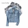 Lisa Colly Moda Donna Giacca di jeans Vintage Ritagliata Corta Giacche di jeans Manica lunga Blu Jeans neri Cardigan Cappotto T200319