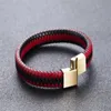 Charme pulseiras punk homens jóias preto vermelho trançado pulseira de couro aço inoxidável fecho magnético moda pulseiras envoltório pulseira g240d