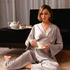 Hiloc Chic Patchwork Pantalone maniche lunghe Pigiama in raso per donna Set con pantaloni con scollo a V Split Nightwear Home Suit 2022 L220803