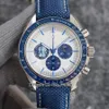 42 mm OS Quartz Chronograph Mens Watch Blue Ceramic Bezel White Dial Nylone Pasek Stopni