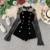 Two Piece Outfits Lace Tulle Pullover Flare Sleeve Shorts Gold Velvet Button Black Sets Fashion Clothes Female Pants Set 220315