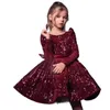 2022 Sequin Burgundy Baby Girl Dress Velvet Full Sleeves Flower Dress Knee Length Dresses For Girls Bow Puffy First Communion B0602A13