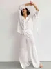 Hiloc Cuff Lace Up Pantsuits Blanc Femmes Pyjamas Ensemble Noir Turn-Down Col Fente De Nuit Large Pipe Pantalon Ensembles 2022 Pyjamas L220803