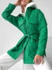 Kvinnor quiltad jacka med bältet Varma långa bomullsjackor Kvinna Vinter 2022 Ny Solid Kleinlan Green Casual Long Thick Parka Woman L220725