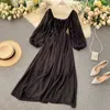 Woherb Chic Элегантный квадратный воротник Maxi Dres Сплошные шифоновые платья в рукаве Корейская мода Vintage Rack Vestidos 220402