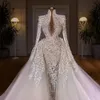 Modest Pearls Wedding Dresses Lace Appliques Beaded Bridal Gown Custom Made High Neck Long Train Wedding Gowns