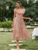 Abito da sera in tulle estivo a pois in maglia con scollo a V da donna Abiti senza maniche con volant rosa senza schienale Elegante fascia maxi vestido 226014