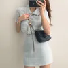 Kvinnor Summer Two 2 Piece Set Korean Style Elegant Single Breasted Tassel Short Sleeve Tops och High midje bodycon mini kjol 220602