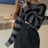 Deeptown Korean Style Striped Cropped Sweater Women Vintage Oversize Knit Jumper Female Autumn Long Sleeve Oneck Pullovers Tops 220815