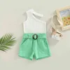 Citgeett Summer Kids Girl Outfit Set Solid Color Ribbed Neeveless Tops Elastic Waist Shorts Belt Clothing J220711