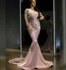 Роскошные бисеропинки русалка вечерние платья 3D Цветочные кружевные аппликации прозрачная шея с длинным рукавом платья для выпускного платья.