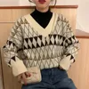 Swetry kobiety vintage argyle koreańskie allmatch eleganckie vneck ladies pullovers student leniwy styl Winter Womens Swater 220817