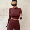 Winter Women Sport Fitness 2 Two Piece Set Outfits Long Sleeve Crop Tops Tshirt Leggings Pants Set Bodycon Tracksuits Women's 220517