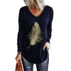 Women's TShirt Fashion Feather Printed Casual VNeck Top Elegant Loose Hedging Long Sleeve Spring And Autumn Apparel 230206