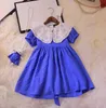 Moda-royal mavi moda kızlar elbiseler kaliteli kısa kollu bebek yaka yaz saf renkli çocuklar giysi tavşan bebek tasarımı çocuk