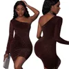 Moda quente nova sexy slims mulheres vestidos de festa 2023 verão mulheres camisas de um ombro bonito único magro manga longa bling bling vestido 10915