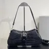 Luxury Lindsay Small Shoulder Bag With Strap Crocodile Embossed Silver Pleated Black Curved Flap Adjustable Three Hooks Decorative Buckle Belt