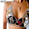 Sexig sommarstrand Kvinnor Metallkedja Hål Sparkly Diamant Sequins Tank Top Short Halter Camis Exotic Club Party Crop Tops Västar 220325