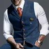 Camisetas para hombre, traje de negocios para hombre, chaleco de solapa con cuello en V, lana a cuadros, chaleco marrón informal, chaqueta de padrino Formal para ropa de boda MY395