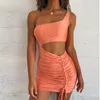 Mini robe moulante d'été femmes Club évider froncé dos nu Orange blanc noir fête pansement robes Sexy 220507