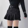 Houzhou Punk Black Denim Mini Rok Geplooide vrouwen Sexy Grunge High Tailed Pocket Patchwork A-Line Jean Rok E Girl Streetwear T220819