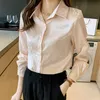 Camisa clásica de manga larga rosa albaricoque con solapa, estampado brillante, estampado de letras, tela sedosa, camisa de mujer, blusa elegante, gasa Regular