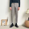 Men's Suits & Blazers Men Korean Streetwear Vintage Fashion Slim Fit Plaid Suit Trousers Male Business Casual Ankle-length Straight PantsMen