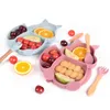 8PCSSet Cute Silicone Baby Plate Bowl And Training Cup Wooden Spoon Forks Set Suction Kidss Tableware Baby Dishes Baby Stuff 220715