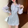 Spring Vintage Sexy See-through Chiffon Patchwork Tweed Mini Dress Women Ribbon Bow Single-breasted Long Sleeve Party Dress 220316