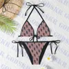 Brown Womens Swimsuit Beach Bikini Letter Print Bathing Suits V Neck Ladies Swimwear Set