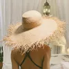 100% Natural Raffia Sun Women Summer Large Jazz Straw Wide Brim Floppy Beach Hat Hand Weave Fashion Panama Cap 220627