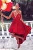 빨간 무도회 파티 드레스 하이 로우 레이스 홈 커밍 게스트 가운 스트레이트 가운 가운 짧은 앞쪽 길이 뒤로 2022 년