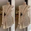 Champagne Evening Dresses Luxury Sequins Beads High O Neck Long Sleeves Prom Dress Formal Party Gowns Knee Length Dress Custom Made