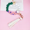 American Flag Keychain Wooden Bead Bracelets Party Favor Tassel Printed Handmade Wristband Pendant Fashion Wristlet Bangles Holder Wrist Ring Jewelry Gift