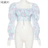 KLALIEN printemps été mode élégant français romantique Floral manches bouffantes col carré femmes Blouses chemise en mousseline de soie blanche 220725