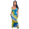 여름 넥타이 염색 인쇄 맥시 드레스 2022 여성 스파게티 스트랩 보트 넥 민소매 캐주얼 긴 드레스 그린