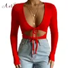 ArtSu Red Black Pink Bandage V Neck Front Tie Up Top Women Long Sleeve Skinny Sexy Crop Tops Streetwear Female Cut Out Tee Shirt 220714