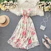 Summer Beach Chiffon Dress Women Sexig backless Bandage Bow Long Robe Elegant Ladies Floral Print Dresses Vestidos Mujer 220514