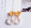 14k Gold Plated Daisy Ear Studs Dangle Chandelier Natural Freshwater Pearl Earrings White Lady/Girl Wedding Fashion Jewelry