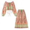 Women's Blouses & Shirts Boho Floral Print Maxi Skirts Suit Casual Beach Wear High Waist Loose Vintage Puff Sleeve Summer 2022Women's
